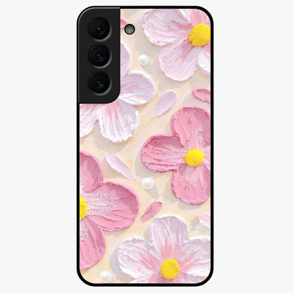 Blush Bloom Texture Glass Case showing flat back view with soft blush floral texture artwork and glossy glass finish.