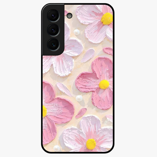 Blush Bloom Texture Glass Case showing flat back view with soft blush floral texture artwork and glossy glass finish.