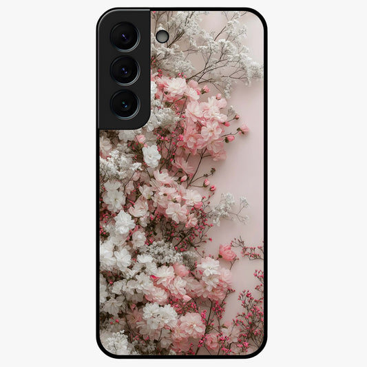 Blush Blossom Cloud Glass Case showing flat back view with dreamy blush cloud blossom artwork and glossy glass finish.