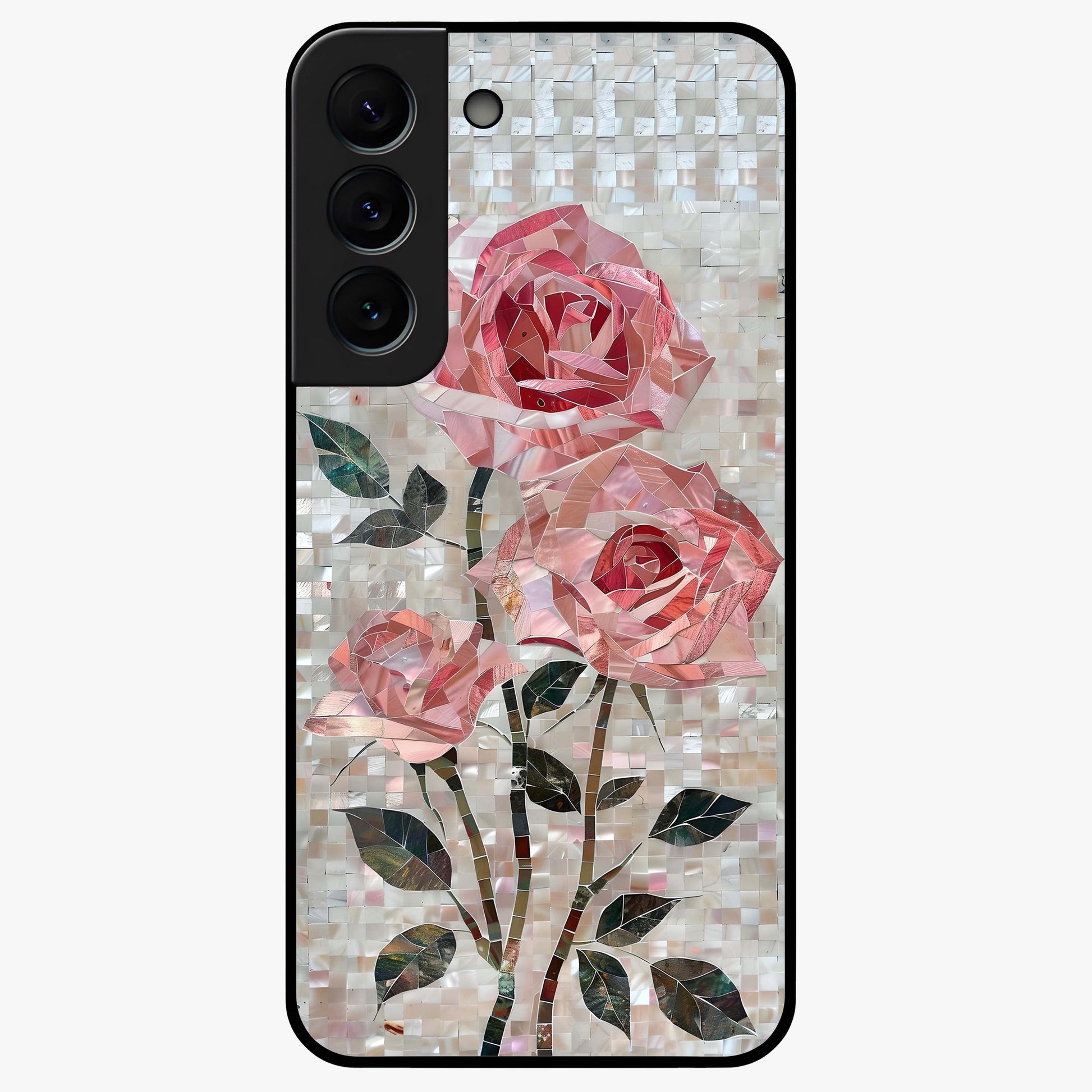 Blush Mosaic Bloom Glass Case showing flat back view with mosaic floral bloom artwork and glossy glass finish.