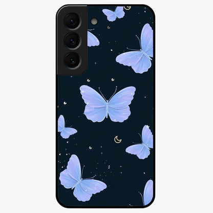 Butterfly With Stars Pattern Glass Case showing flat back view with butterfly and star pattern artwork and glossy glass finish.