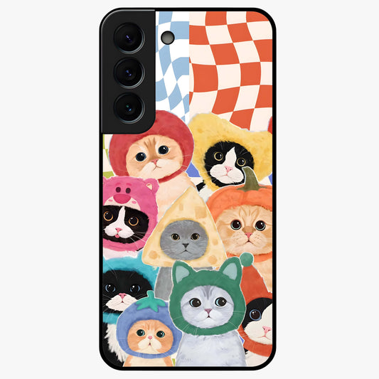 Cats in Fruits Glass Case showing flat back view with playful cat illustrations inside fruit artwork and glossy glass finish.