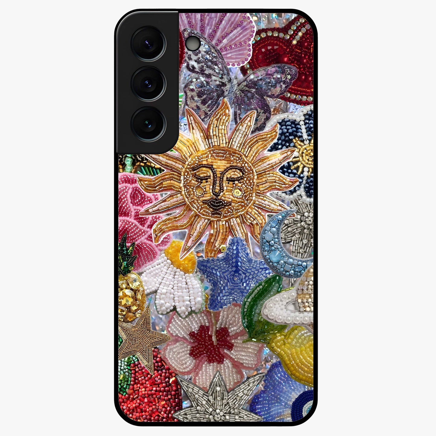 Celestial Floral and Playful Glass Case showing flat back view with floral and celestial themed artwork and glossy glass finish.