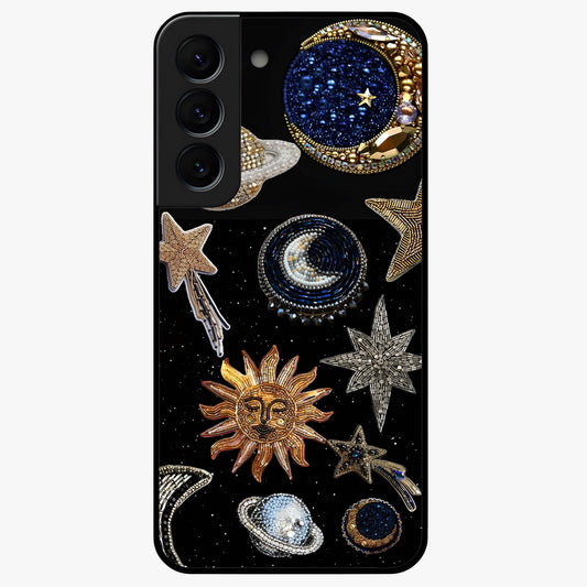 Celestial Gem Constellations Glass Case showing flat back view with sparkling constellation artwork and glossy glass finish.