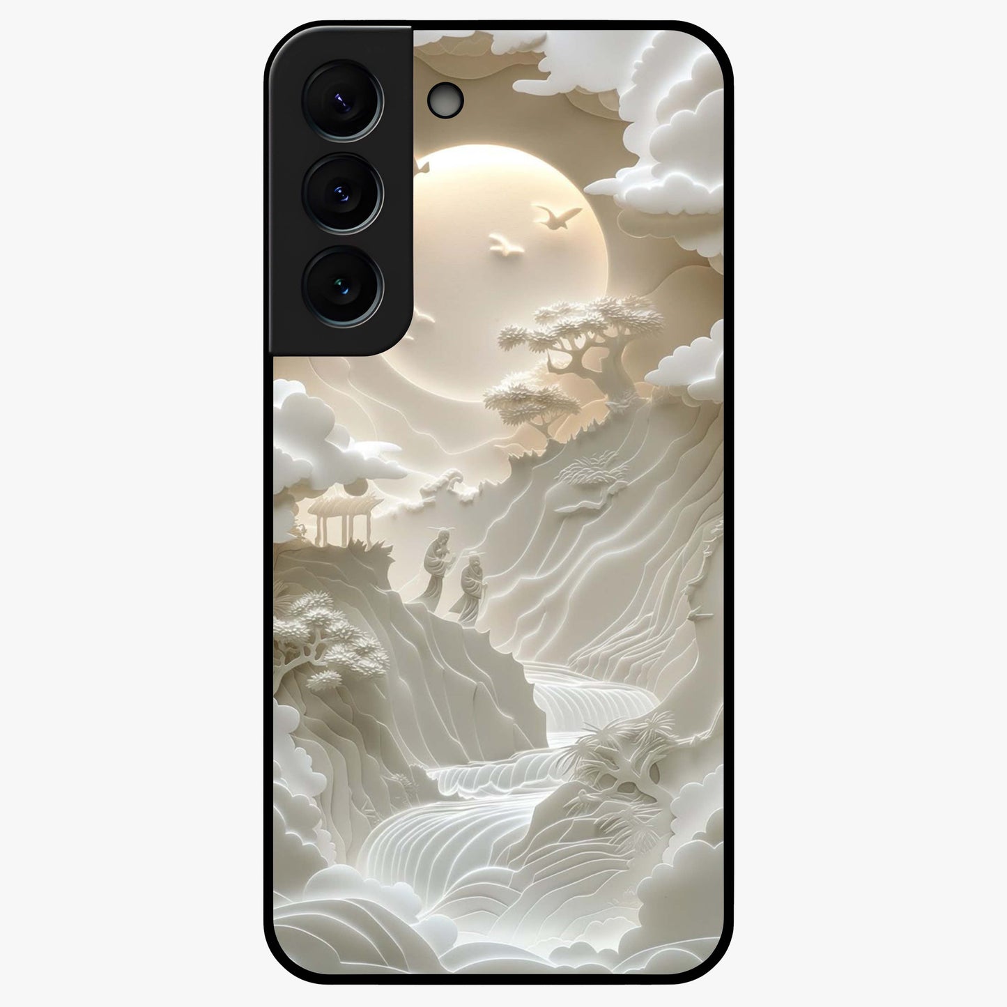 Celestial Origami Glass Case showing flat back view with artistic origami inspired celestial artwork and glossy glass finish.