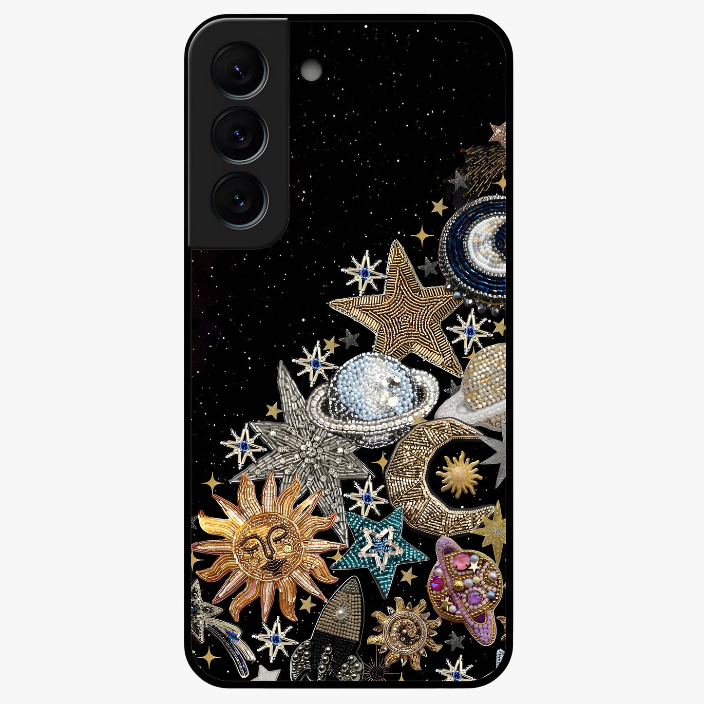 Cosmic Sparkle Dreams Glass Case showing flat back view with sparkling cosmic artwork and glossy glass finish.