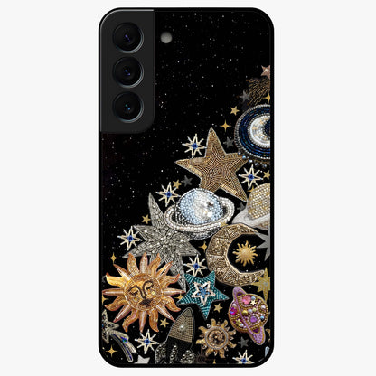 Cosmic Sparkle Dreams Glass Case showing flat back view with sparkling cosmic artwork and glossy glass finish.