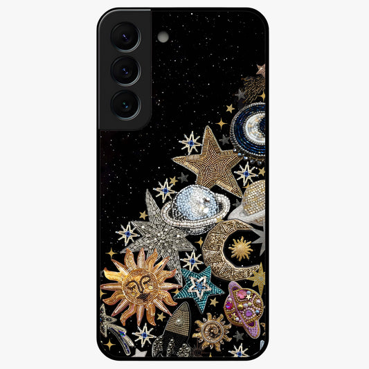 Cosmic Sparkle Dreams Glass Case showing flat back view with sparkling cosmic artwork and glossy glass finish.