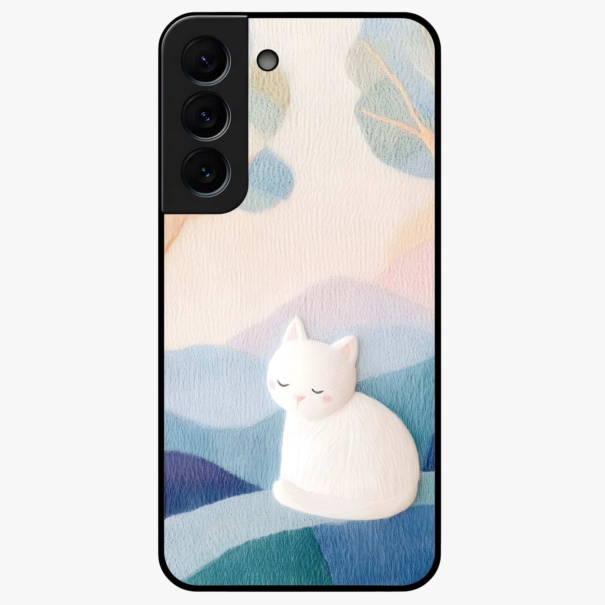 Cotton Dream Cat Glass Case showing flat back view with soft dreamy cat artwork and glossy glass finish.
