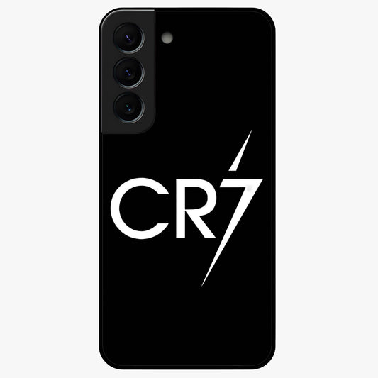 Cr7 Elite Strike Glass Case showing flat back view with dynamic football inspired artwork and glossy glass finish.
