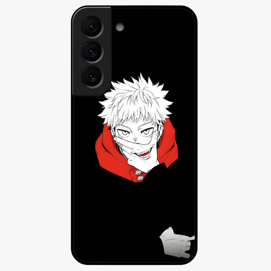 Crimson Chaos Smile Glass Case showing flat back view with bold chaotic smile artwork and glossy glass finish.