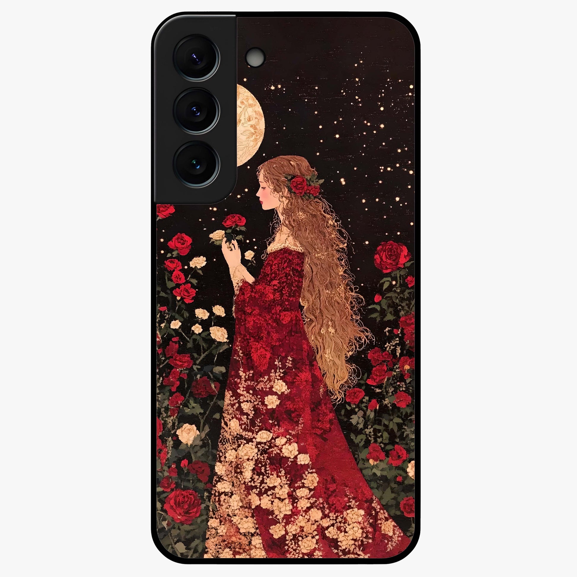 Crimson Dreams Glass Case showing flat back view with dreamy crimson artwork and glossy glass finish.