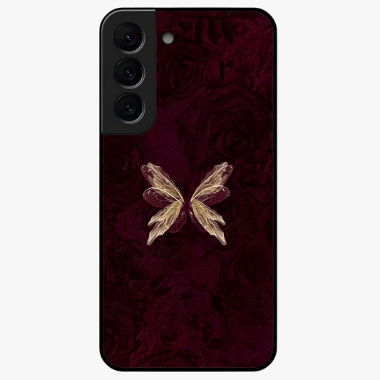 Crimson Fade Butterfly Glass Case showing flat back view with fading butterfly artwork and glossy glass finish.