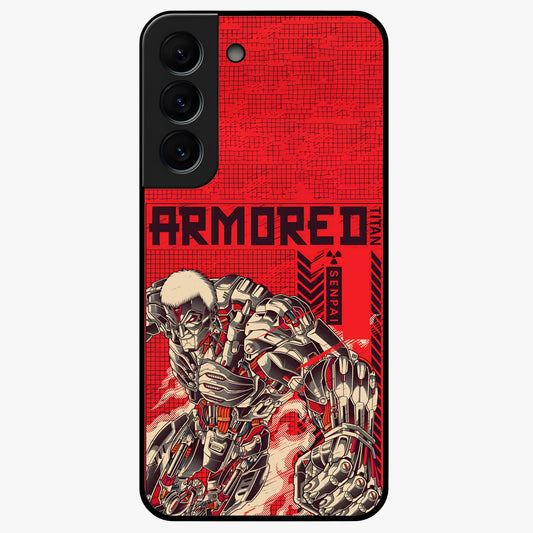 Crimson Mecha Titan Glass Case showing flat back view with powerful mech titan artwork and glossy glass finish.