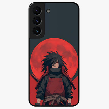 Crimson Moon Warlord Glass Case showing flat back view with mystical moon warrior artwork and glossy glass finish.