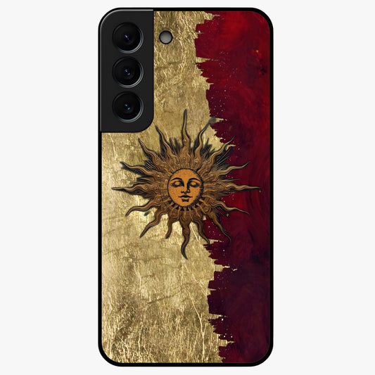 Crimson Sun Majesty Glass Case showing flat back view with radiant sun inspired artwork and glossy glass finish.