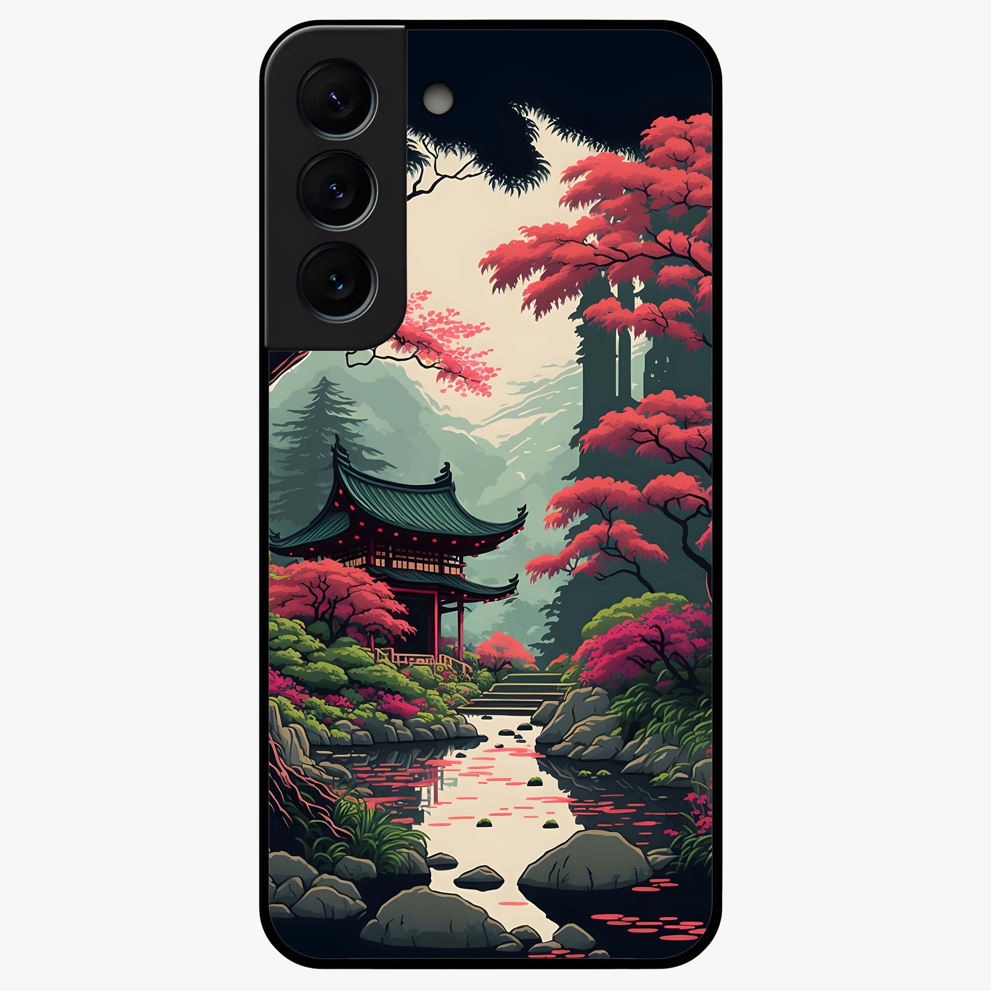 Crimson Temple View Glass Case showing flat back view with temple inspired artwork and glossy glass finish.