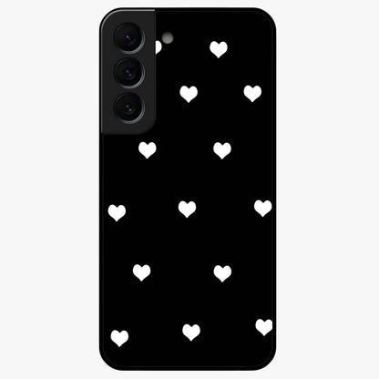 Cute And Simple White Hearts Glass Case showing flat back view with minimal white heart pattern and glossy glass finish.