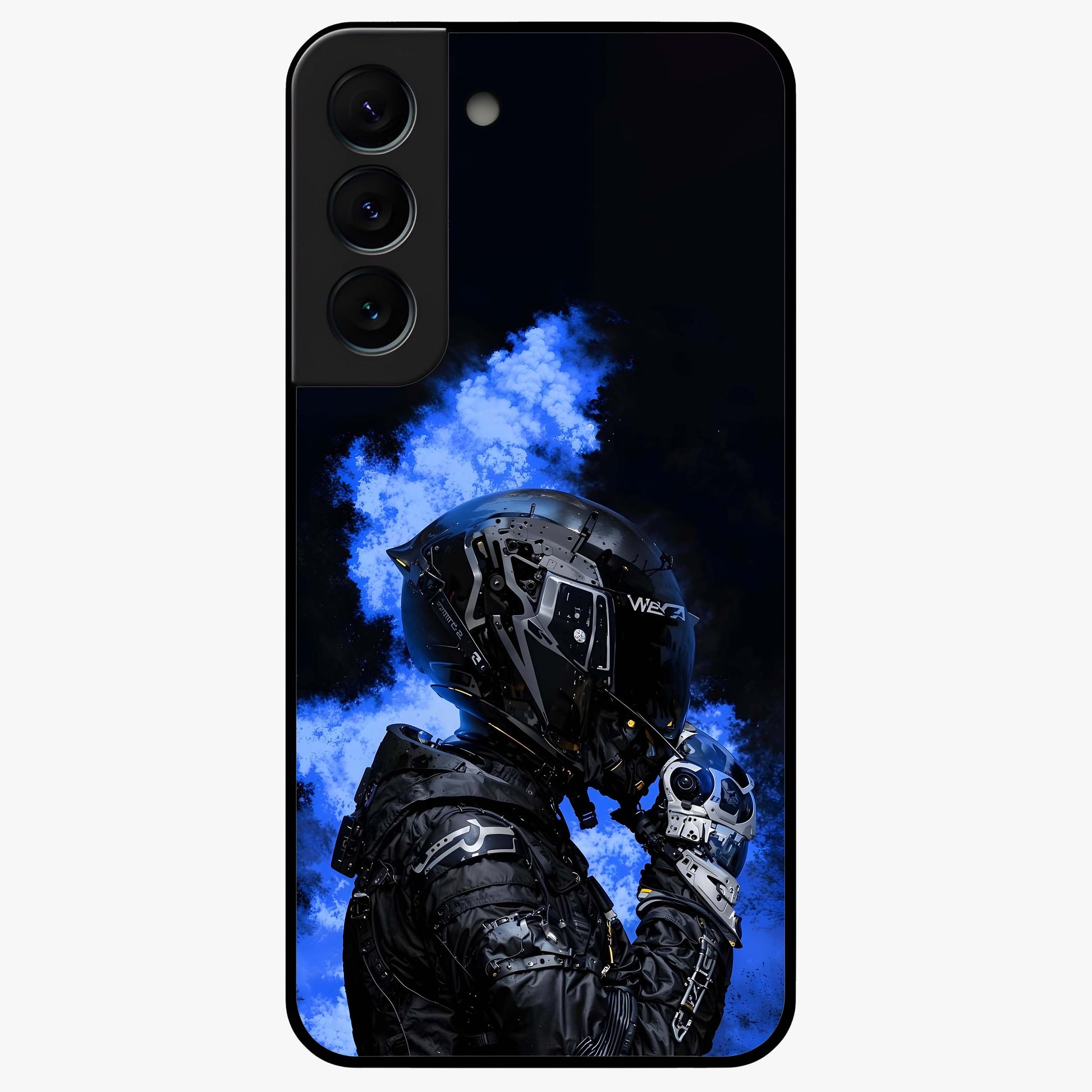 Cyber Sentinel Protocol Glass Case showing flat back view with futuristic cyber themed artwork and glossy glass finish.