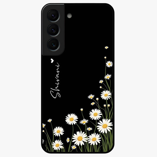 Daisy Cascade Custom Name Glass Case showing flat back view with cascading daisy flowers and personalized name design.