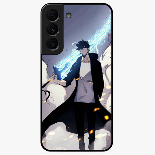 Dark Lightning Anime Warrior Glass Case showing flat back view with intense anime warrior artwork and glossy glass finish.
