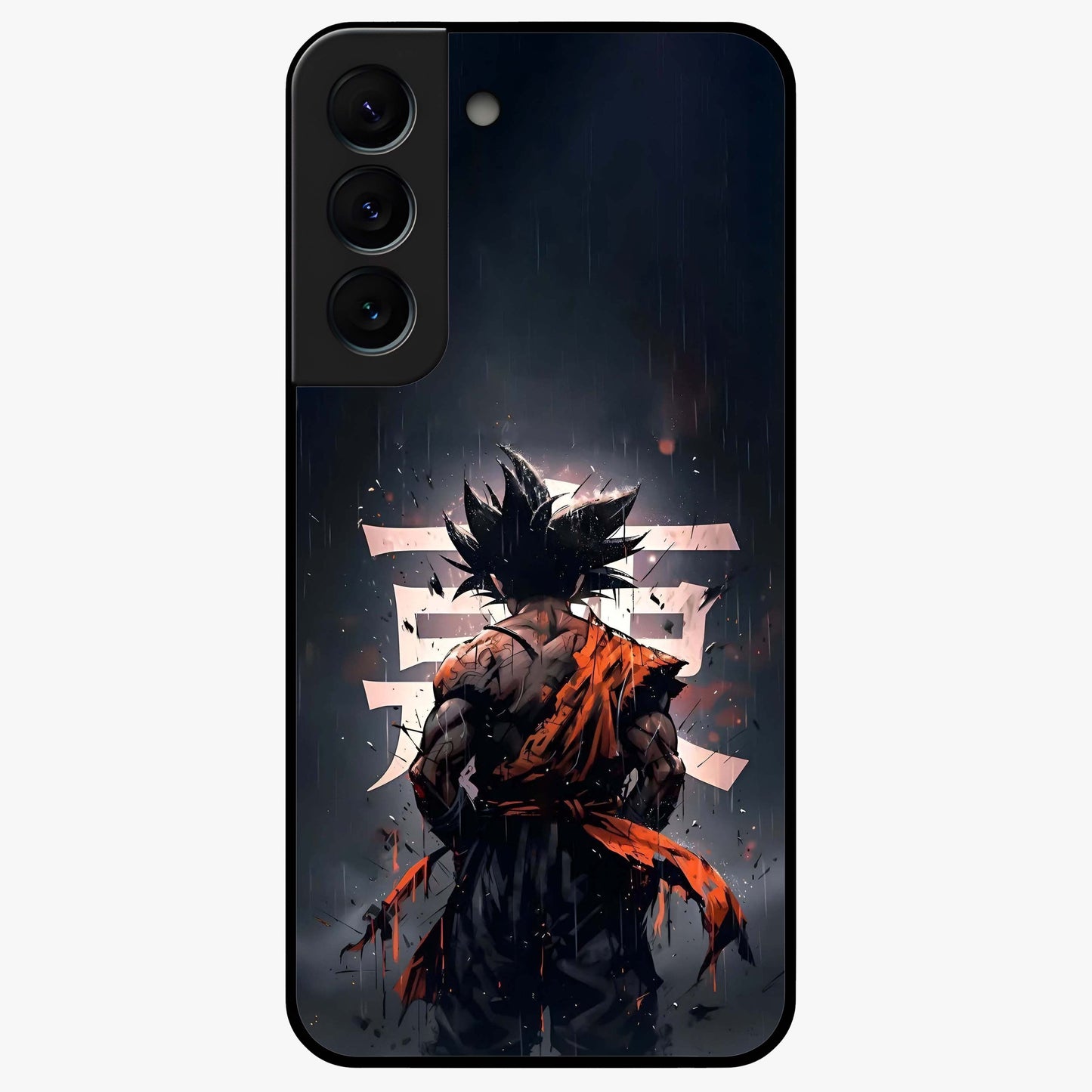 Dark Warrior In Rain Glass Case showing flat back view with warrior artwork in rainy atmosphere and glossy glass finish.