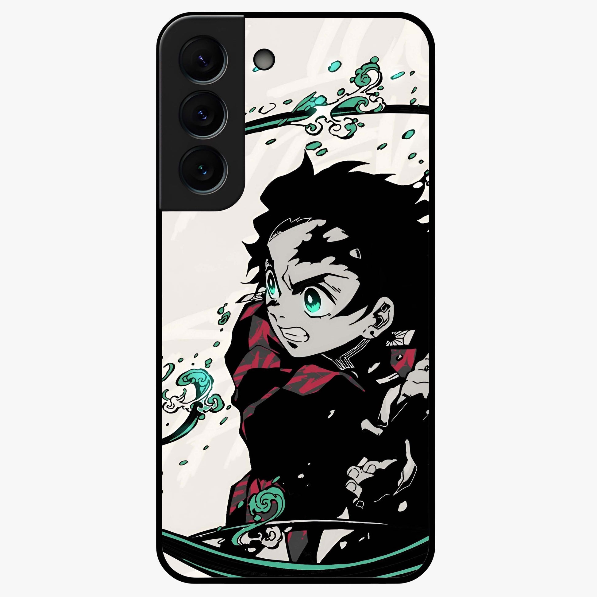 Demon Slayer Glass Case showing flat back view with bold anime inspired artwork and glossy glass finish.