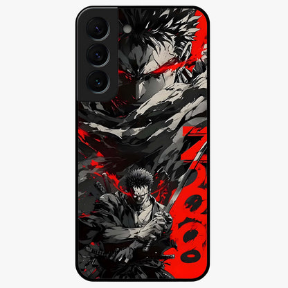 Demon Sword Resolve Glass Case showing flat back view with fierce sword warrior artwork and glossy glass finish.