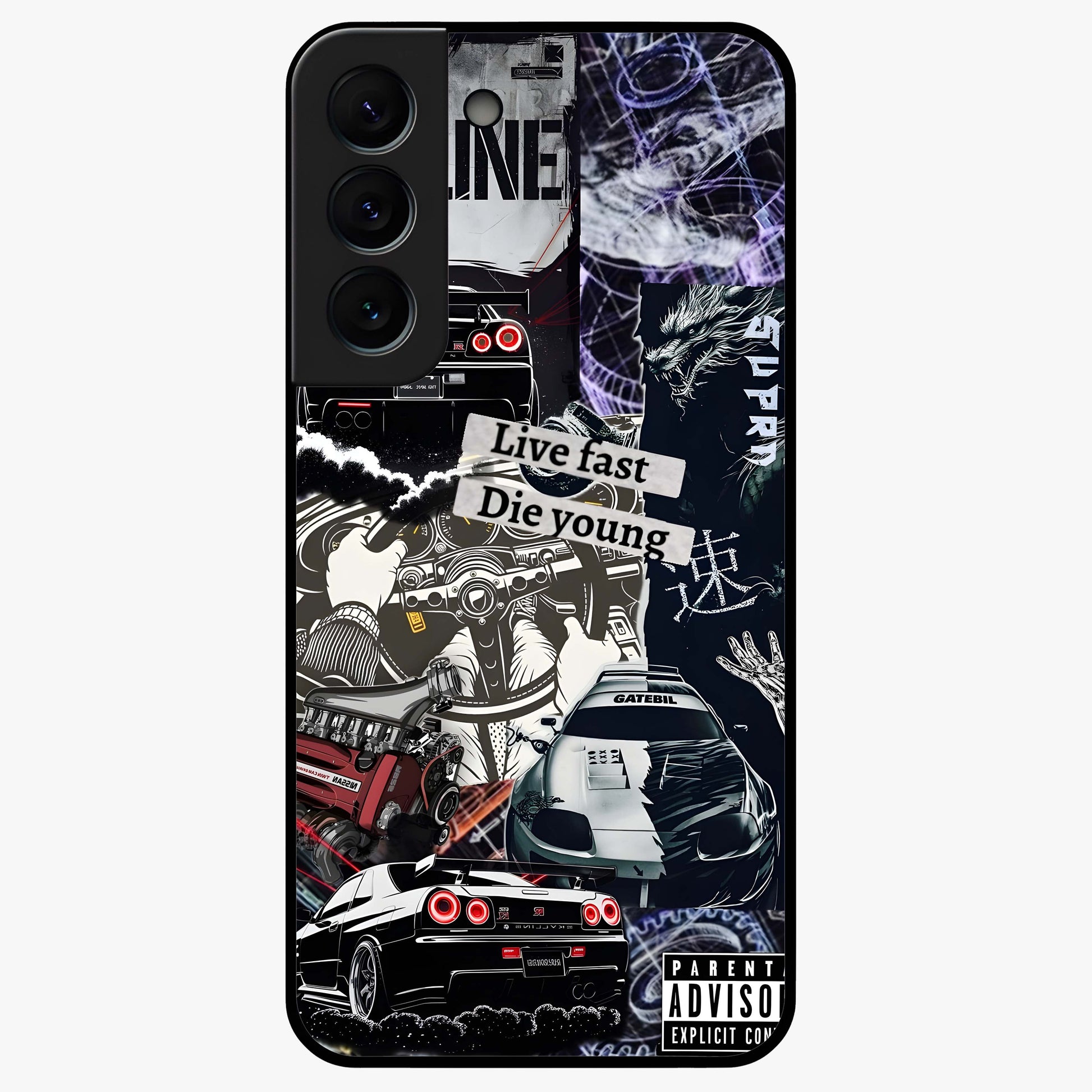 Die Young Glass Case showing flat back view with bold artistic typography design and glossy glass finish.