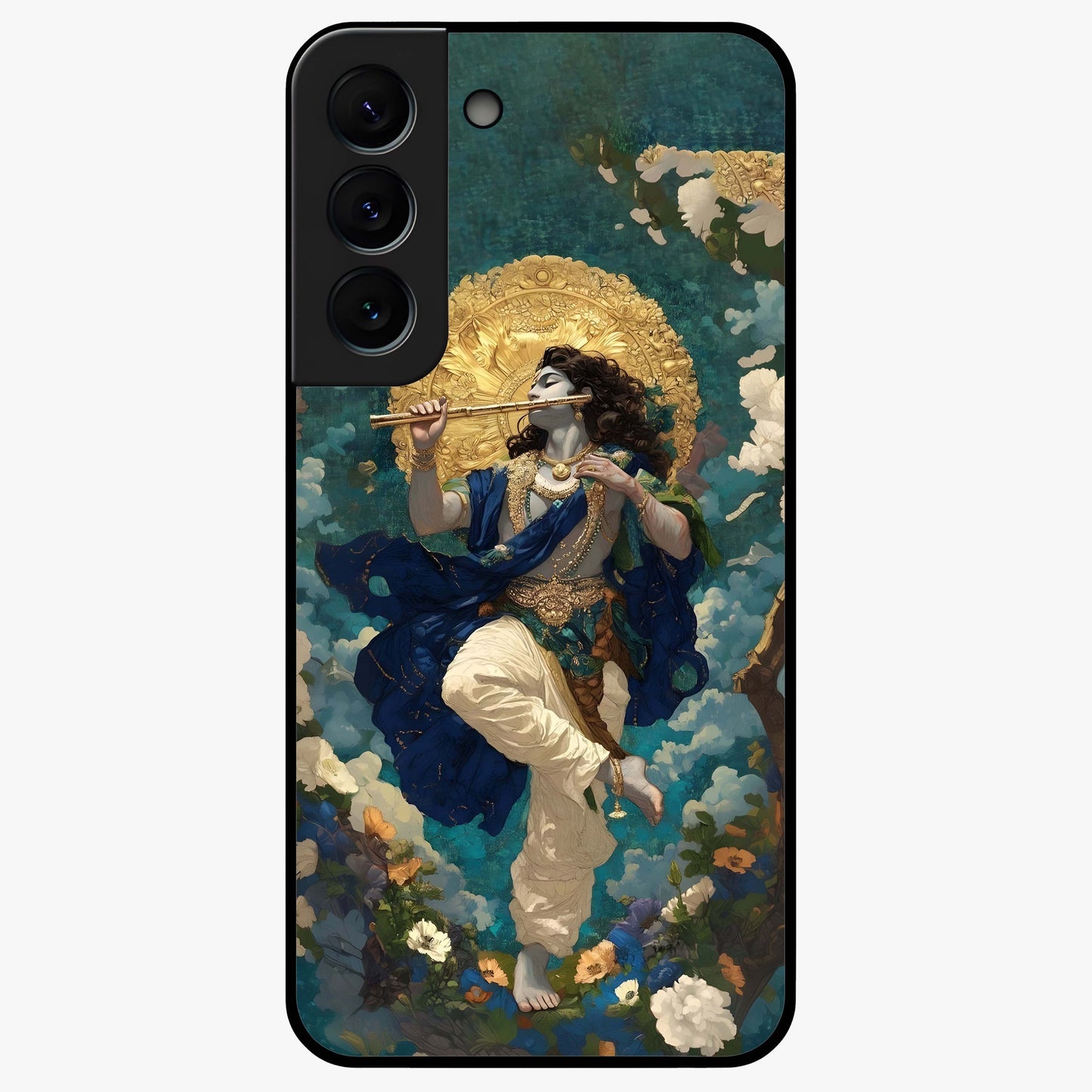 Divine Krishna Art Glass Case showing flat back view with Lord Krishna artwork and glossy glass finish.