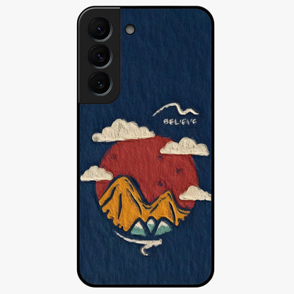 Dream Beyond Mountains Glass Case showing flat back view with scenic mountain landscape artwork and glossy glass finish.