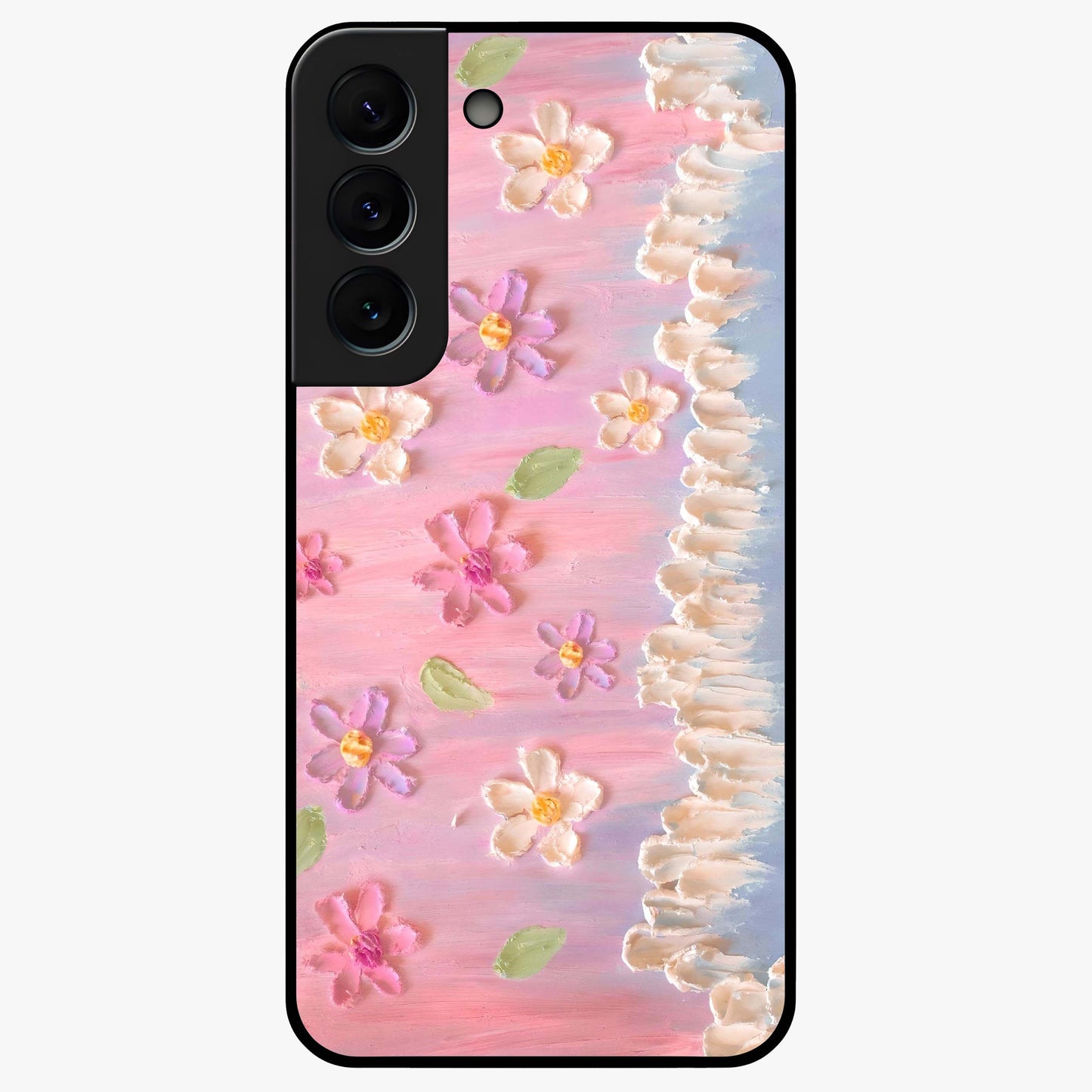 Dreamy Painted Garden Glass Case showing flat back view with artistic painted floral garden artwork and glossy glass finish.