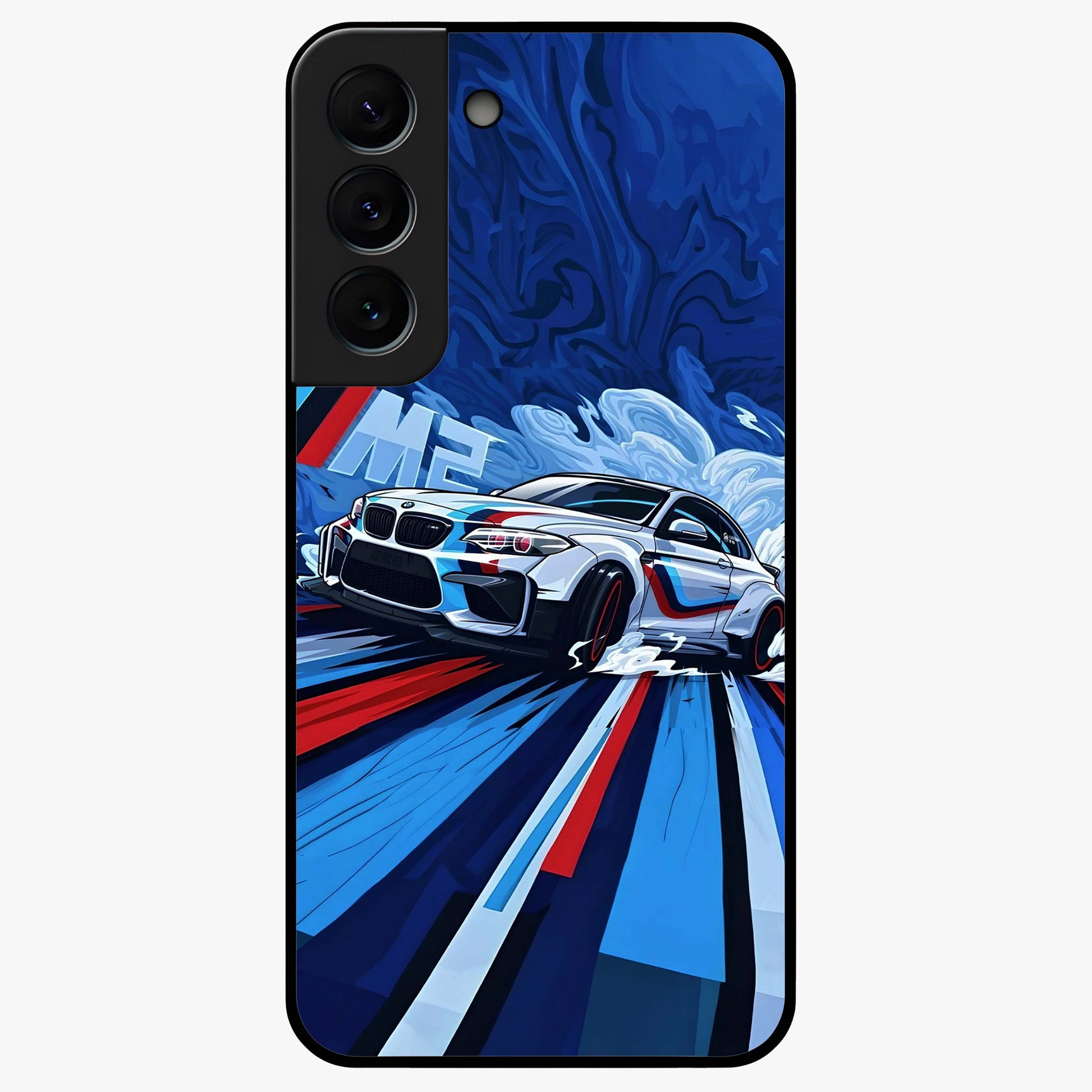 Drift Power Rush Glass Case showing flat back view with dynamic racing inspired artwork and glossy glass finish.