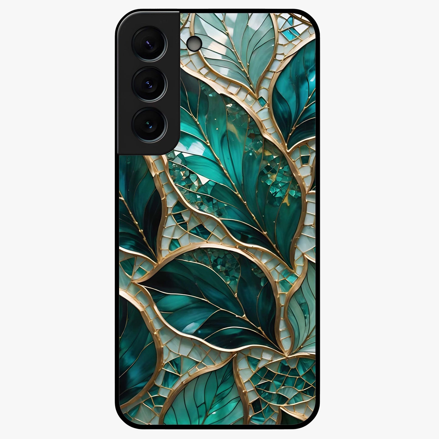 Emerald Leaf Glass Glass Case showing flat back view with emerald green leaf artwork and glossy glass finish.