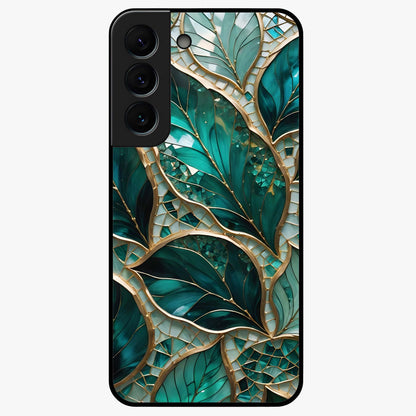 Emerald Leaf Glass Glass Case showing flat back view with emerald green leaf artwork and glossy glass finish.