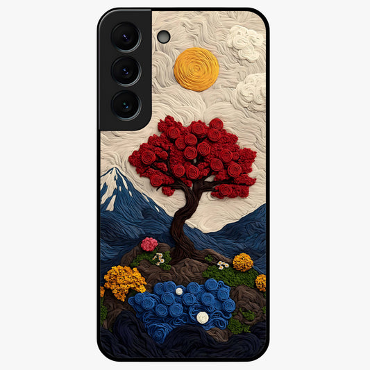 Eternal Nature Tapestry Glass Case showing flat back view with intricate nature tapestry artwork and glossy glass finish.