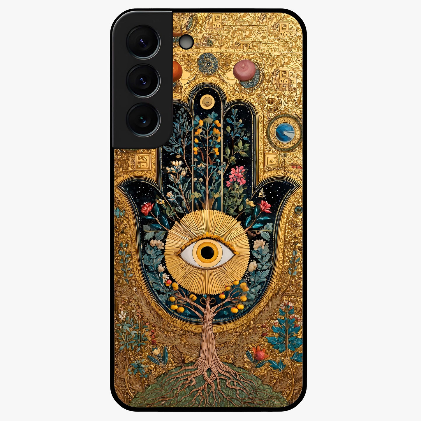 Ethereal Evil Eye Glass Case showing flat back view with mystical evil eye artwork and glossy glass finish.