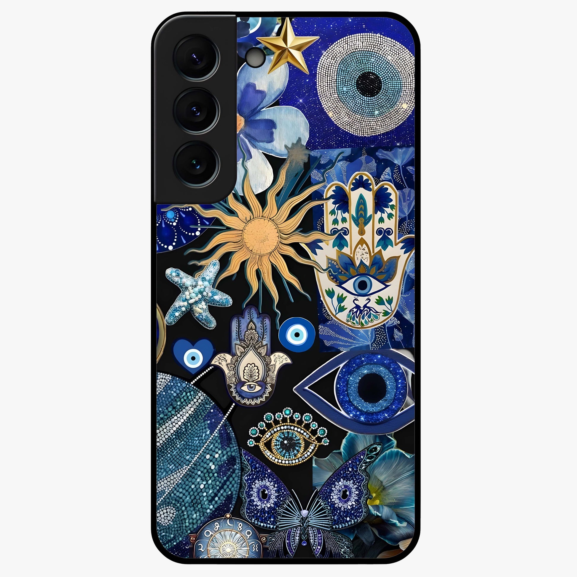 Evil Eye Charm Mix Glass Case showing flat back view with multiple evil eye charms artwork and glossy glass finish.