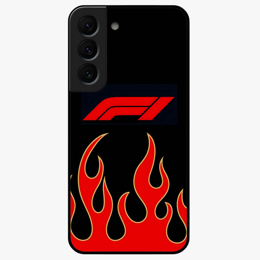 Fire F11 Glass Case showing flat back view with fiery themed artwork and glossy glass finish.