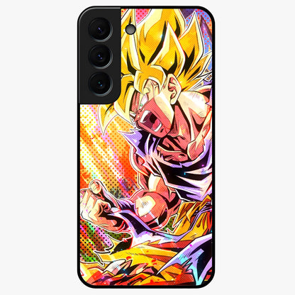 Firing Goku Glass Case showing flat back view with powerful anime inspired artwork and glossy glass finish.