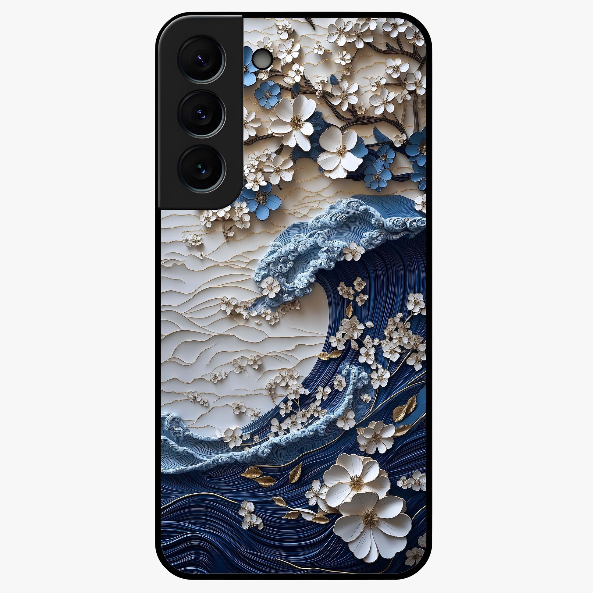 Floral Wave Origami Glass Case showing flat back view with origami inspired floral wave artwork and glossy glass finish.