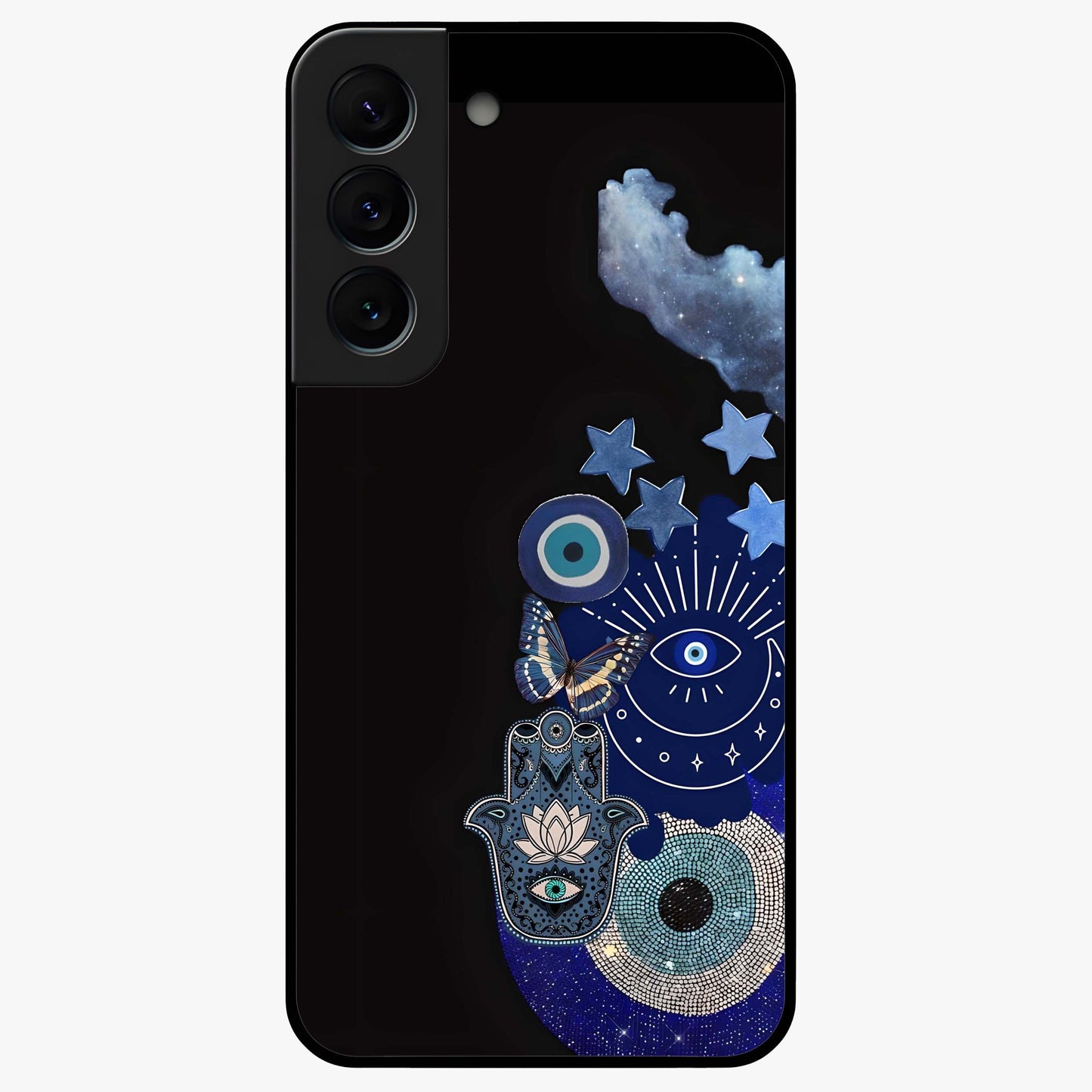Galactic Charm Cluster Glass Case showing flat back view with glowing celestial charm artwork and glossy glass finish.