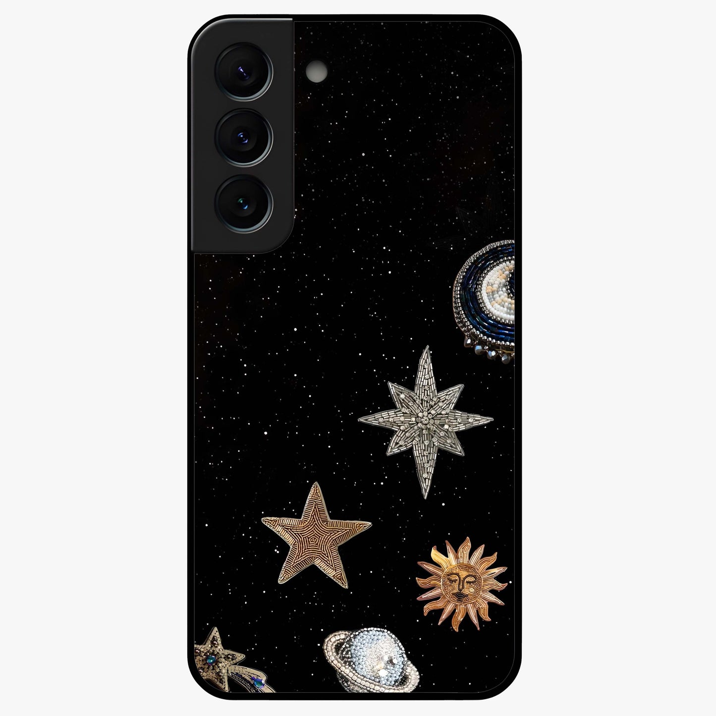 Galactic Charm Glow Glass Case showing flat back view with glowing celestial charm artwork and glossy glass finish.