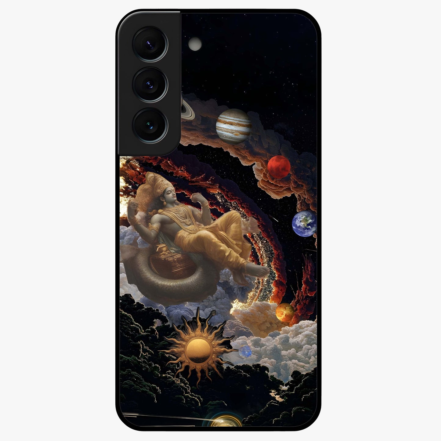 Galactic Divine God Glass Case showing flat back view with divine cosmic themed artwork and glossy glass finish.