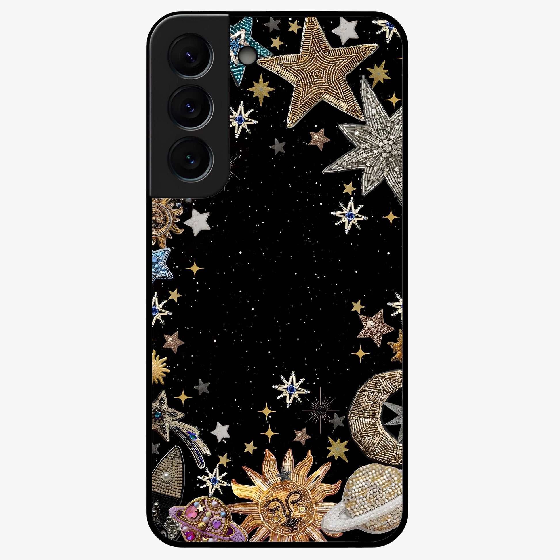 Galactic Jewel Stars Glass Case showing flat back view with sparkling star jewel artwork and glossy glass finish.