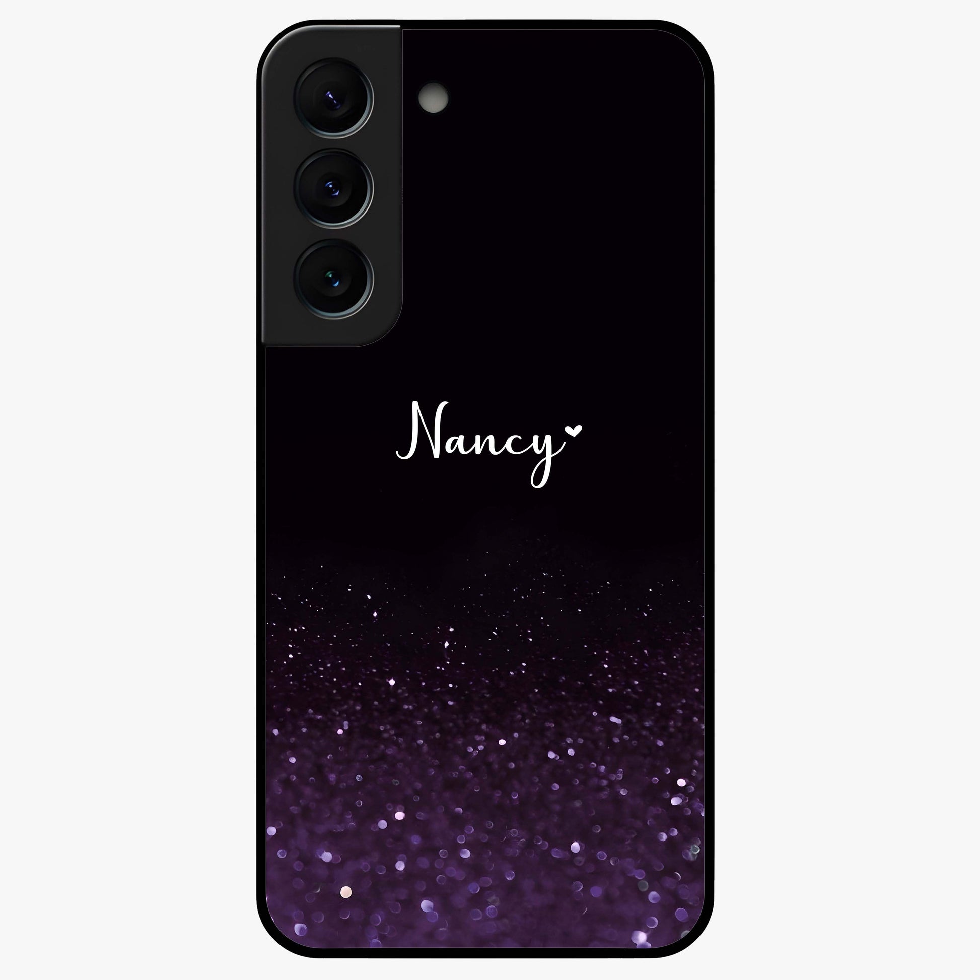 Glittery Purple Bokeh Custom Name Glass Case showing flat back view with purple bokeh sparkle artwork and personalized name design.