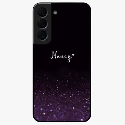 Glittery Purple Bokeh Custom Name Glass Case showing flat back view with purple bokeh sparkle artwork and personalized name design.