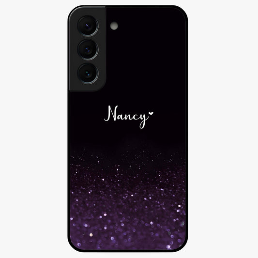 Glittery Purple Bokeh Custom Name Glass Case showing flat back view with purple bokeh sparkle artwork and personalized name design.