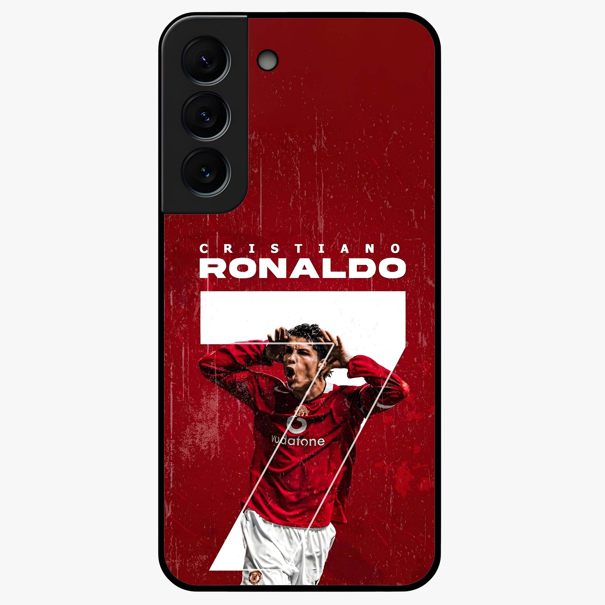 Goal Celebration Legacy Glass Case showing flat back view with football celebration inspired artwork and glossy glass finish.
