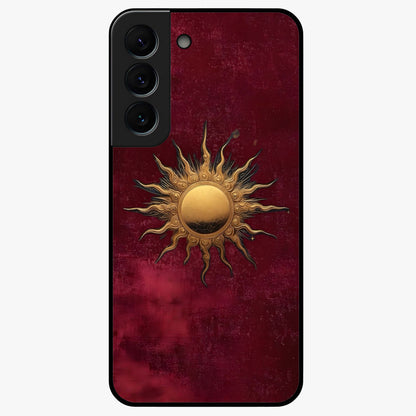 Gold Sun Blush Glass Case showing flat back view with golden sun inspired artwork and glossy glass finish.